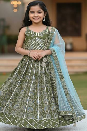 Green block print lehenga