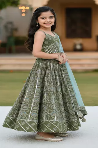 Green block print lehenga