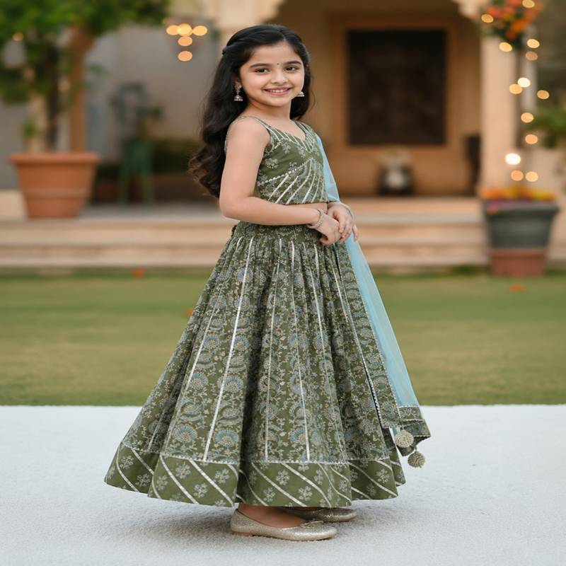Green block print lehenga