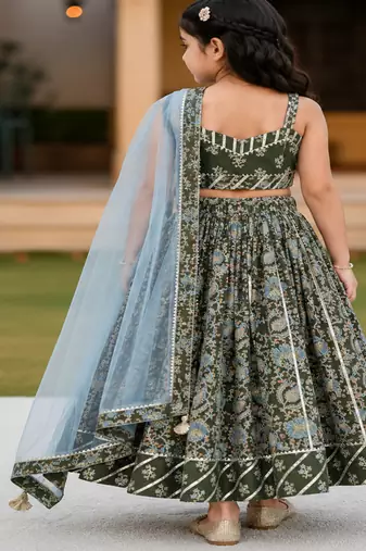 Green block print lehenga