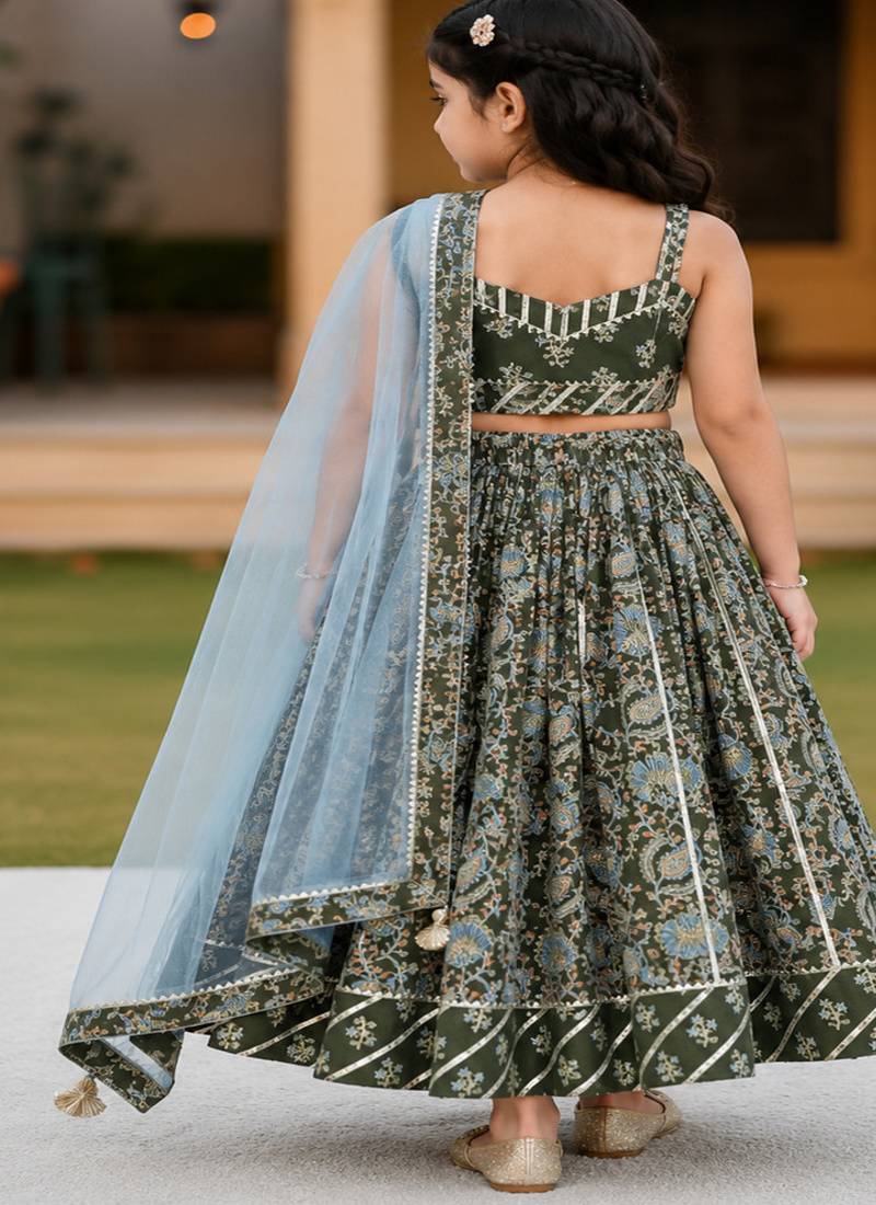 Green block print lehenga