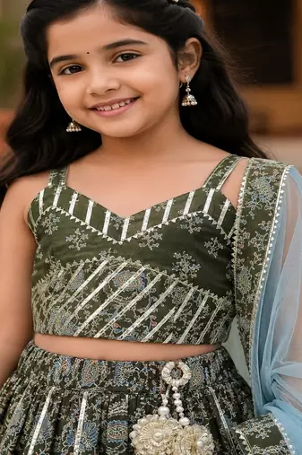 Green block print lehenga
