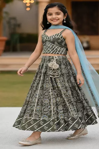 Green block print lehenga