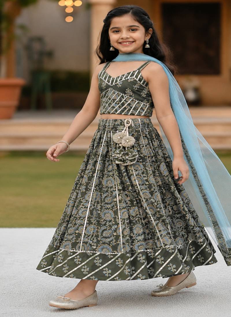 Green block print lehenga