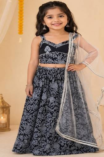 black discharge print cotton lehenga choli for girls