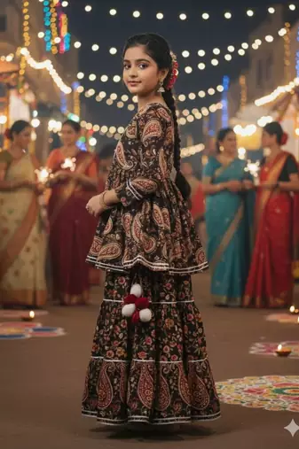 Black block print lehenga