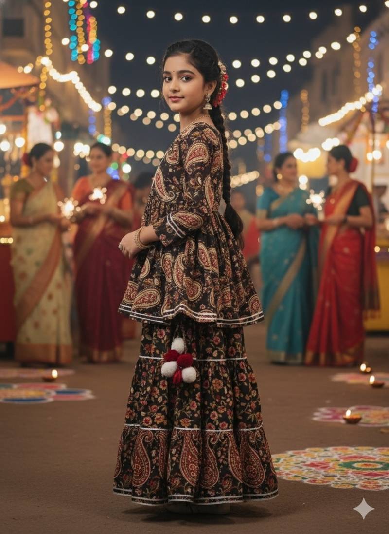 Black block print lehenga