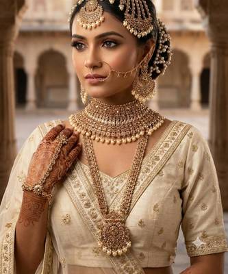 Champion color 2-layer bridal jewelry set with earrings, maang tikka, pasha, nath & panja | gold plated 1