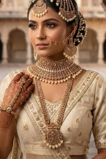 champion color 2-layer bridal jewelry set with earrings, maang tikka, pasha, nath & panja   gold plated