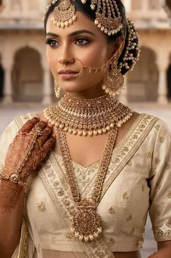 Champion color 2-layer bridal jewelry set with earrings, maang tikka, pasha, nath & panja | gold plated