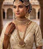 Champion color 2-layer bridal jewelry set with earrings, maang tikka, pasha, nath & panja | gold plated