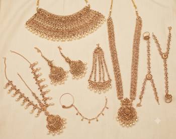 Champion color 2-layer bridal jewelry set with earrings, maang tikka, pasha, nath & panja | gold plated 2