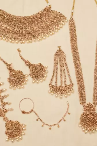 Champion color 2-layer bridal jewelry set with earrings, maang tikka, pasha, nath & panja | gold plated