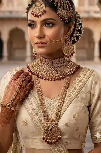 maroon 2-layer bridal jewelry set with earrings, maang tikka, pasha, nath & panja   gold plated