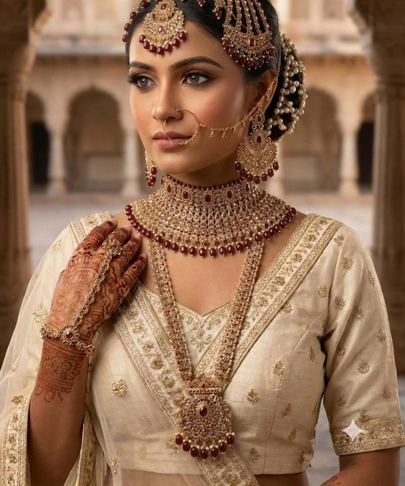 maroon 2-layer bridal jewelry set with earrings, maang tikka, pasha, nath & panja   gold plated