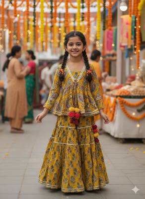 Mustard block print lehenga 1