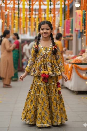 mustard block print cotton lehenga for girls