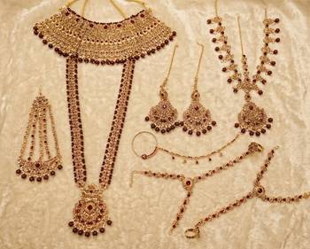 maroon 2-layer bridal jewelry set with earrings, maang tikka, pasha, nath & panja   gold plated 2