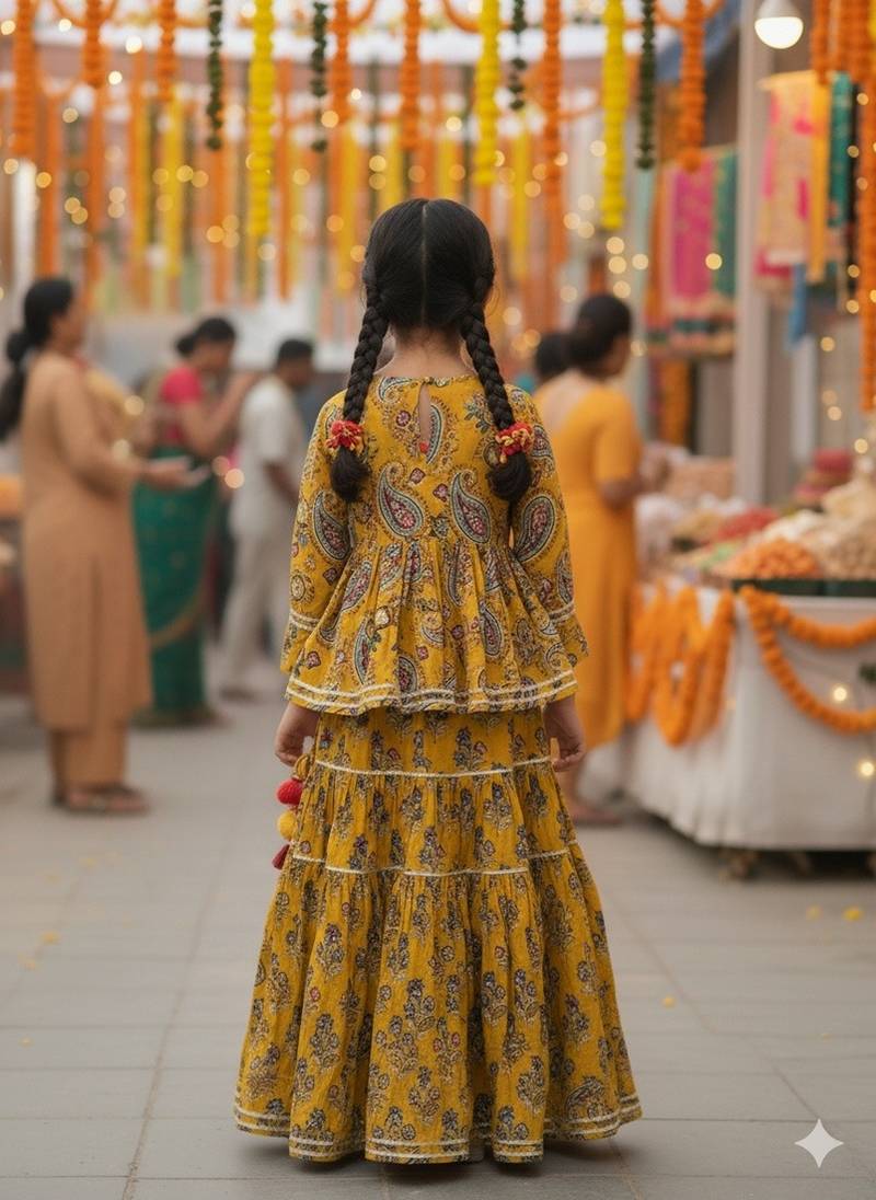 Mustard block print lehenga