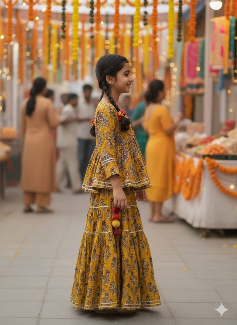 Mustard block print lehenga
