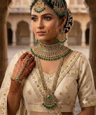 Green 2-layer bridal jewelry set with earrings, maang tikka, pasha, nath & panja | gold plated 1