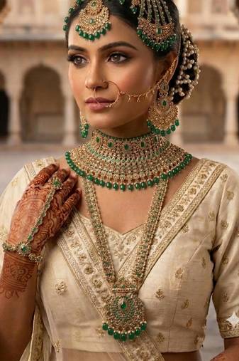 green 2-layer bridal jewelry set with earrings, maang tikka, pasha, nath & panja   gold plated