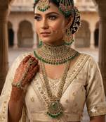 Green 2-layer bridal jewelry set with earrings, maang tikka, pasha, nath & panja | gold plated