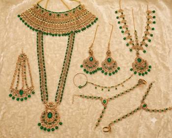 Green 2-layer bridal jewelry set with earrings, maang tikka, pasha, nath & panja | gold plated 2