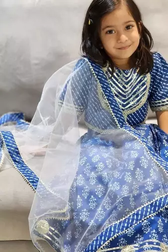 Blue block print lehenga
