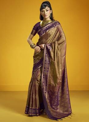 Brown silk blend handloom weaving festival wear saree 1