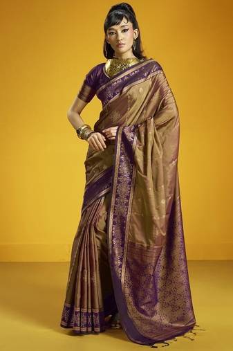 Brown silk blend handloom weaving festival wear saree