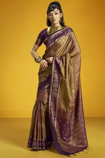 Brown silk blend handloom weaving festival wear saree