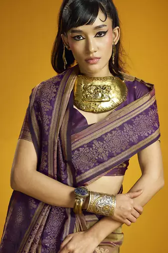 Brown silk blend handloom weaving festival wear saree
