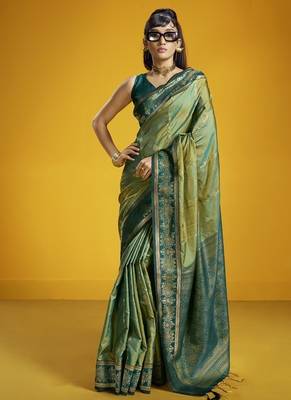 Olive silk blend handloom weaving festival wear saree 1