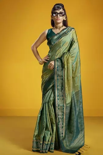 Olive silk blend handloom weaving festival wear saree
