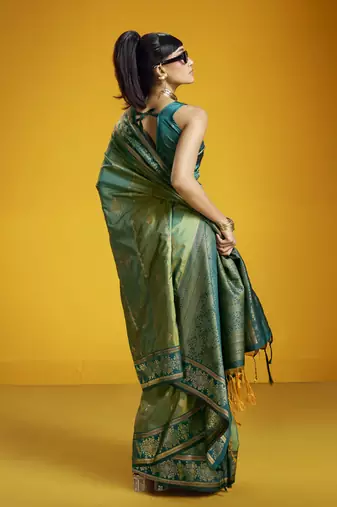 Olive silk blend handloom weaving festival wear saree