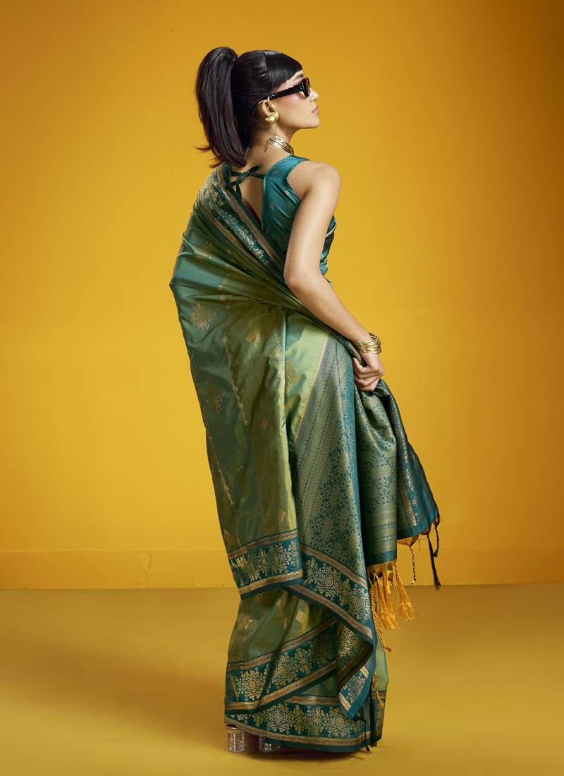 Olive silk blend handloom weaving festival wear saree
