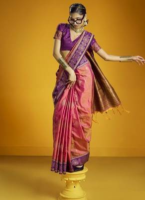 Peach silk blend handloom weaving festival wear saree 1