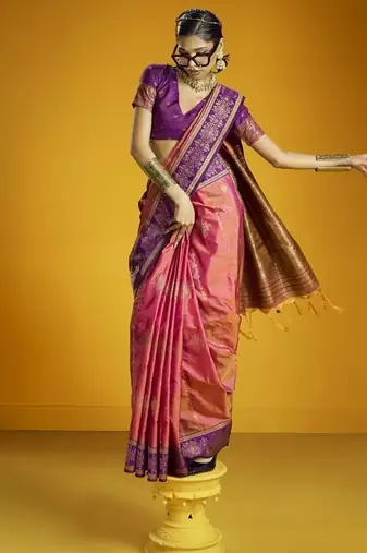 Peach silk blend handloom weaving festival wear saree