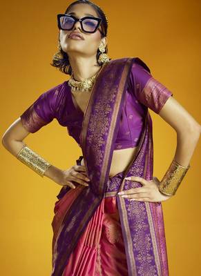 Peach silk blend handloom weaving festival wear saree 2
