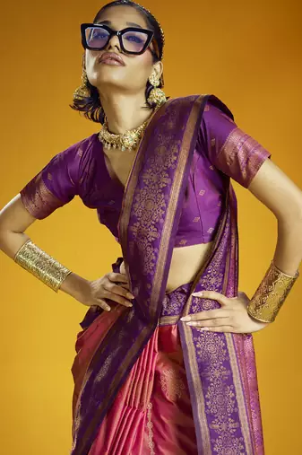 Peach silk blend handloom weaving festival wear saree