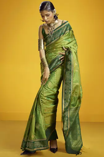 Green silk blend handloom weaving festival wear saree