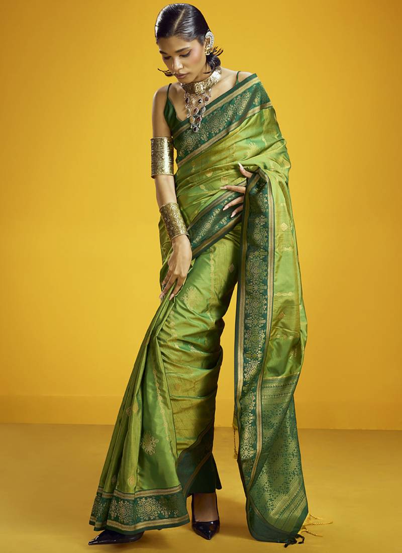 Green silk blend handloom weaving festival wear saree