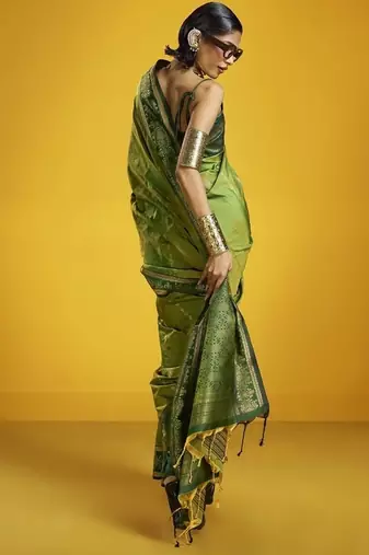 Green silk blend handloom weaving festival wear saree