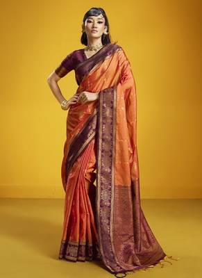 Orange silk blend handloom weaving festival wear saree 1