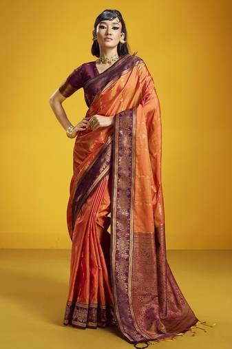 Orange silk blend handloom weaving festival wear saree