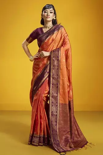 Orange silk blend handloom weaving festival wear saree