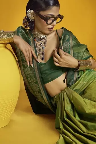 Green silk blend handloom weaving festival wear saree