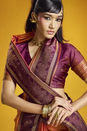 Orange silk blend handloom weaving festival wear saree