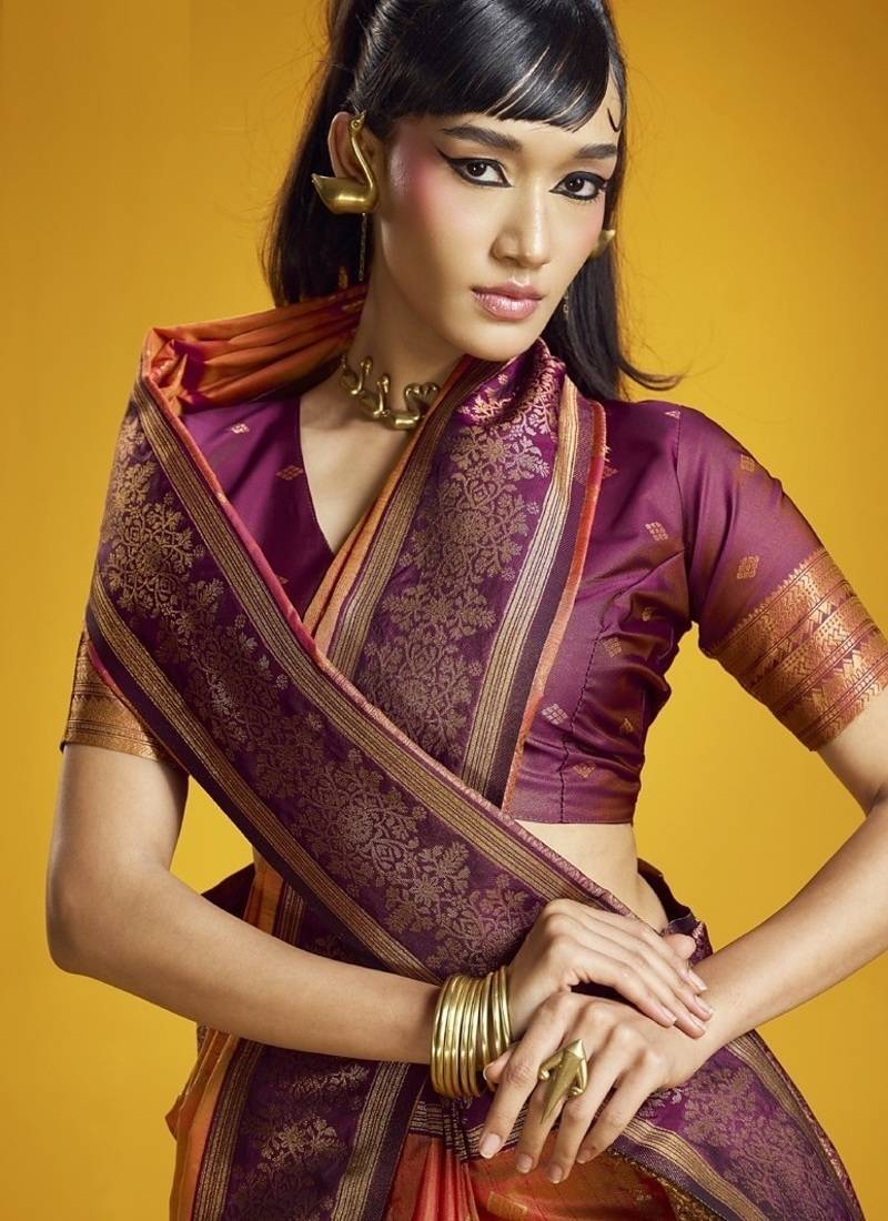 Orange silk blend handloom weaving festival wear saree